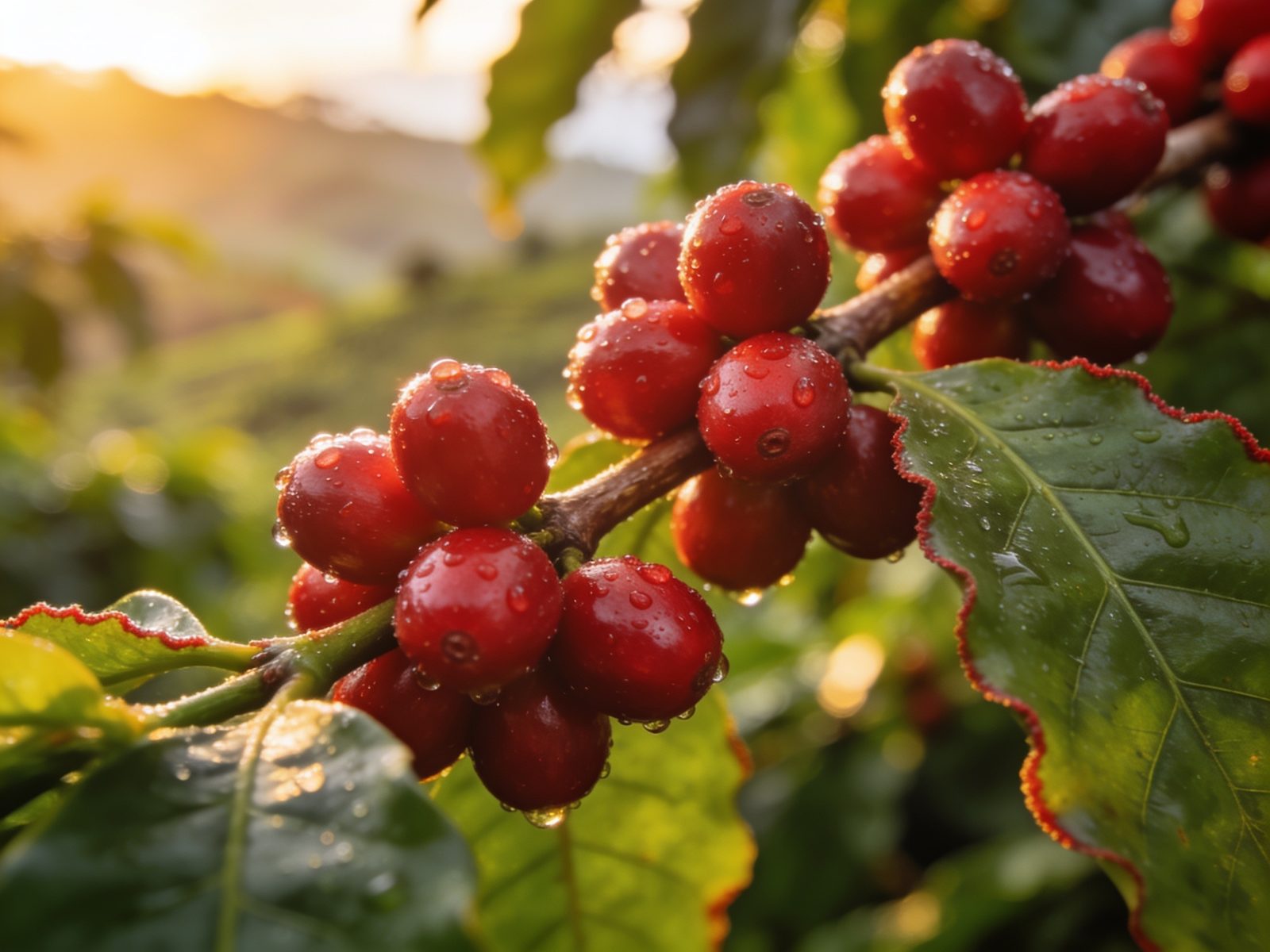Ripe red coffee cherries on the branch in dawn light