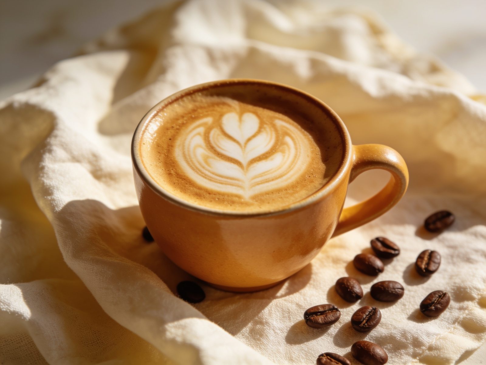 Top-down latte art rosetta in a ceramic cup on linen