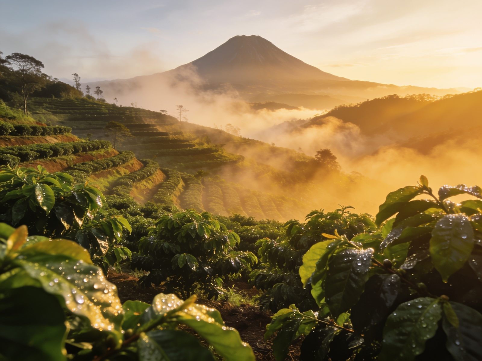 Misty terraced coffee farm at sunrise
