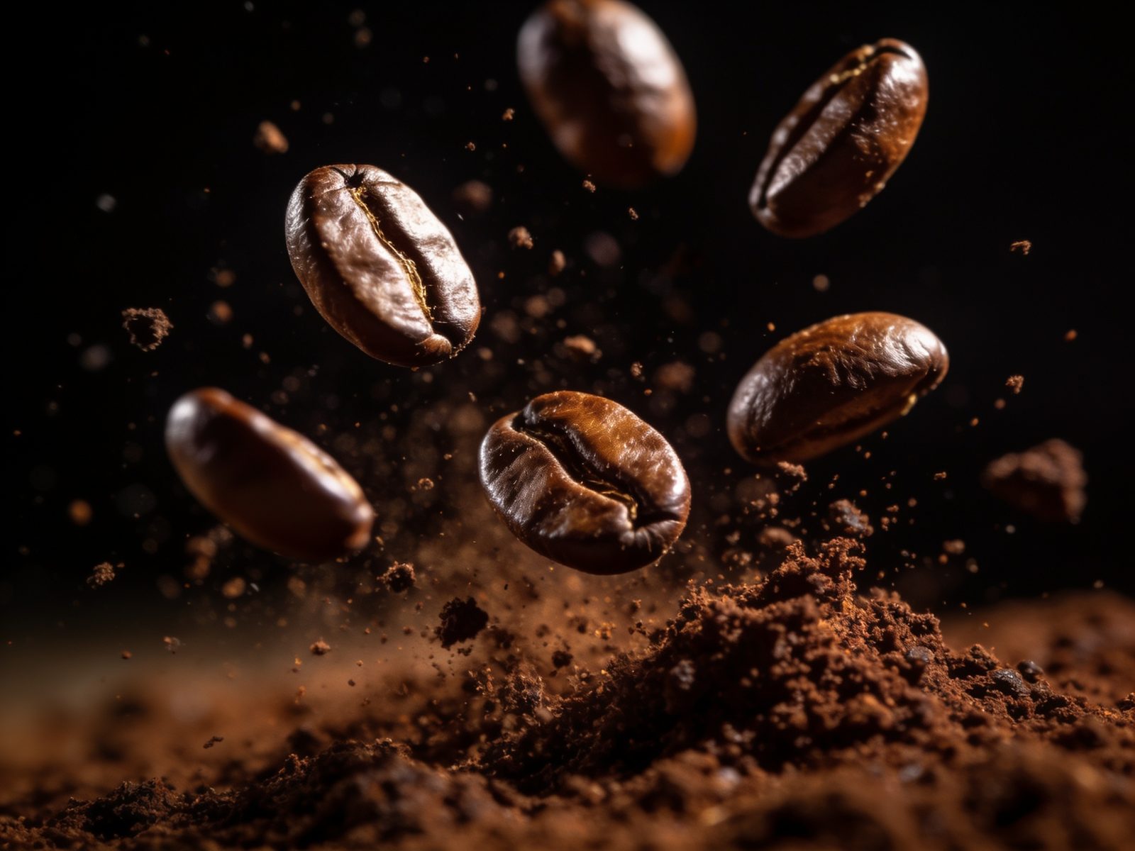 Coffee beans and grounds suspended mid-air in warm light
