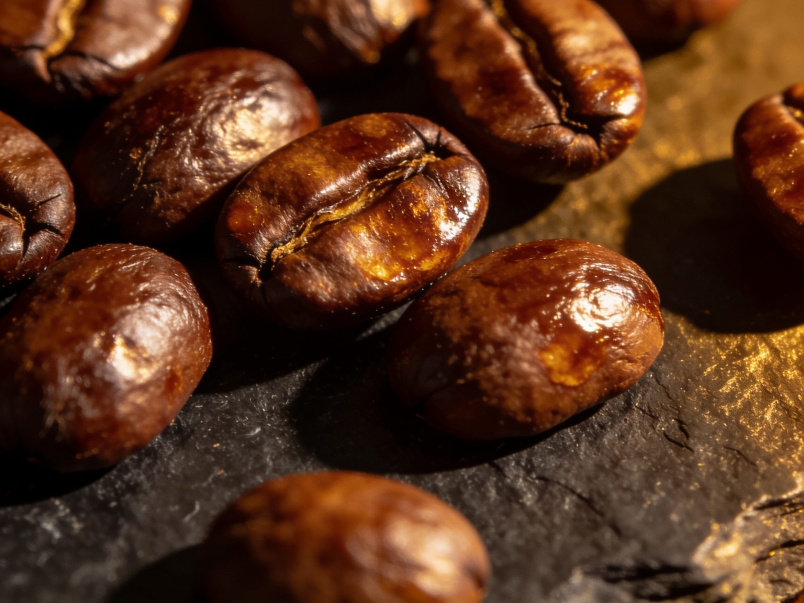 Macro of glossy freshly roasted espresso beans