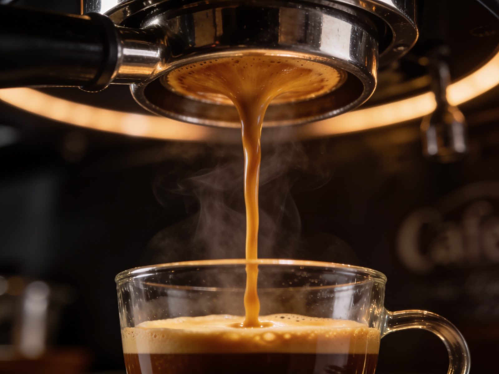 Espresso pouring into a glass cup with golden crema