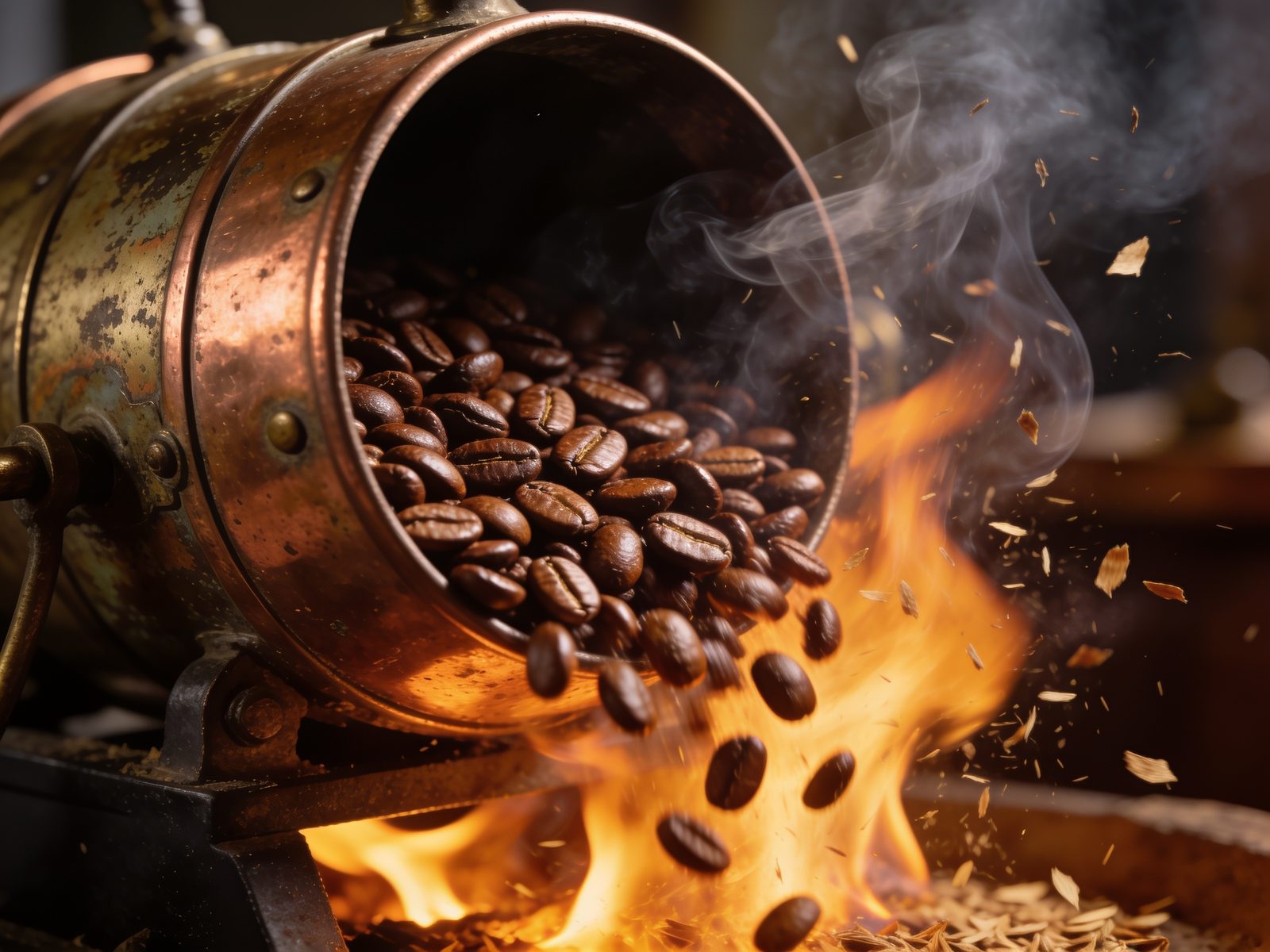 Coffee beans tumbling in a copper roasting drum over flame